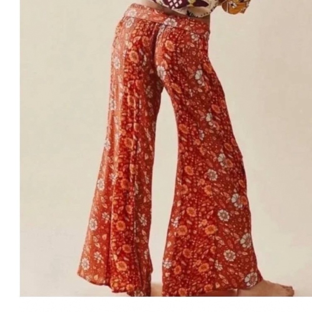 Free People Floral Flare Bell Bottom Pants Rust Orange XS Boho 70s Festival